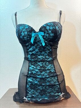 Native Intimates Teal and Black Lace Chemise